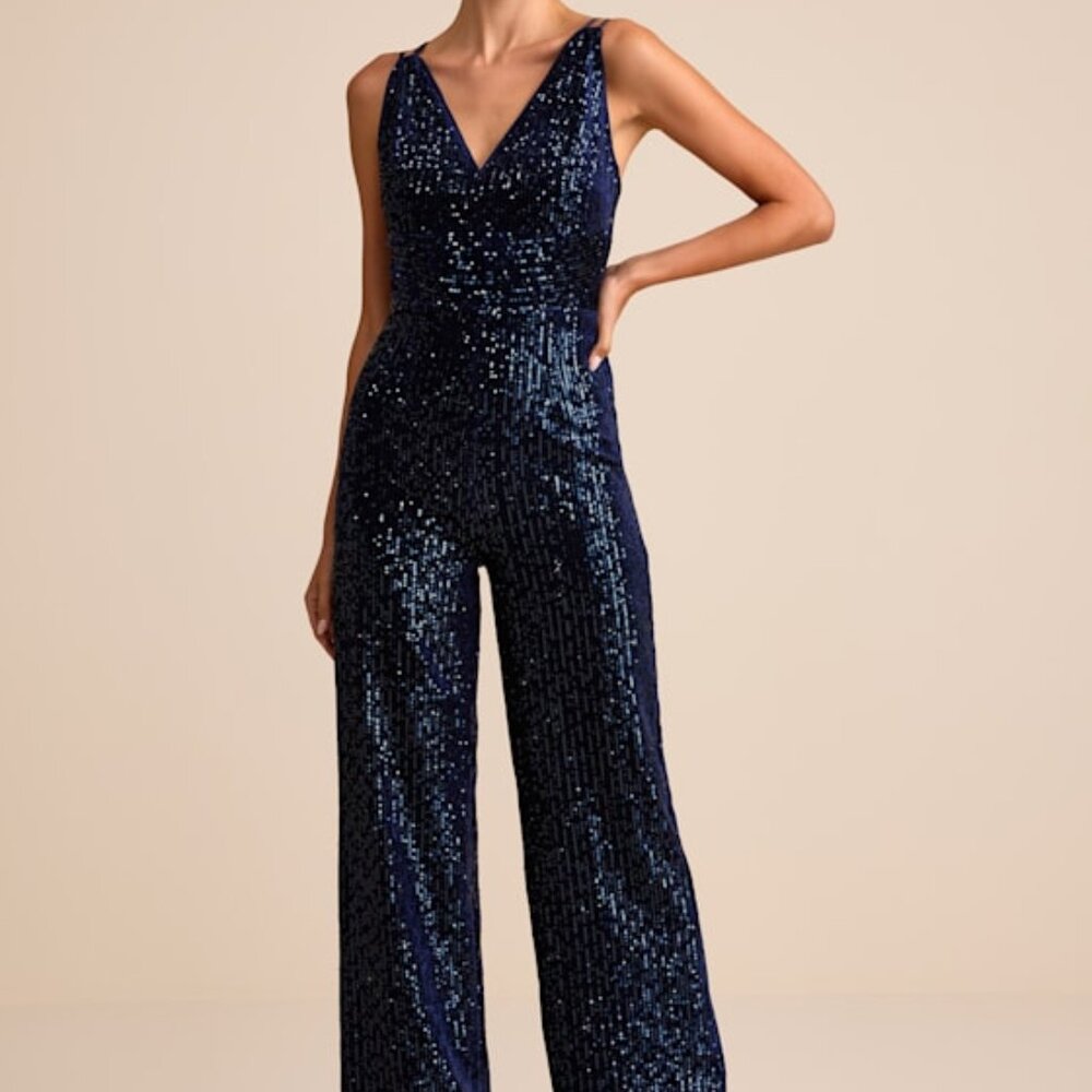 NWT Lulus Sensational Energy Navy Velvet Sequin Backless Jumpsuit Blue - Size S
